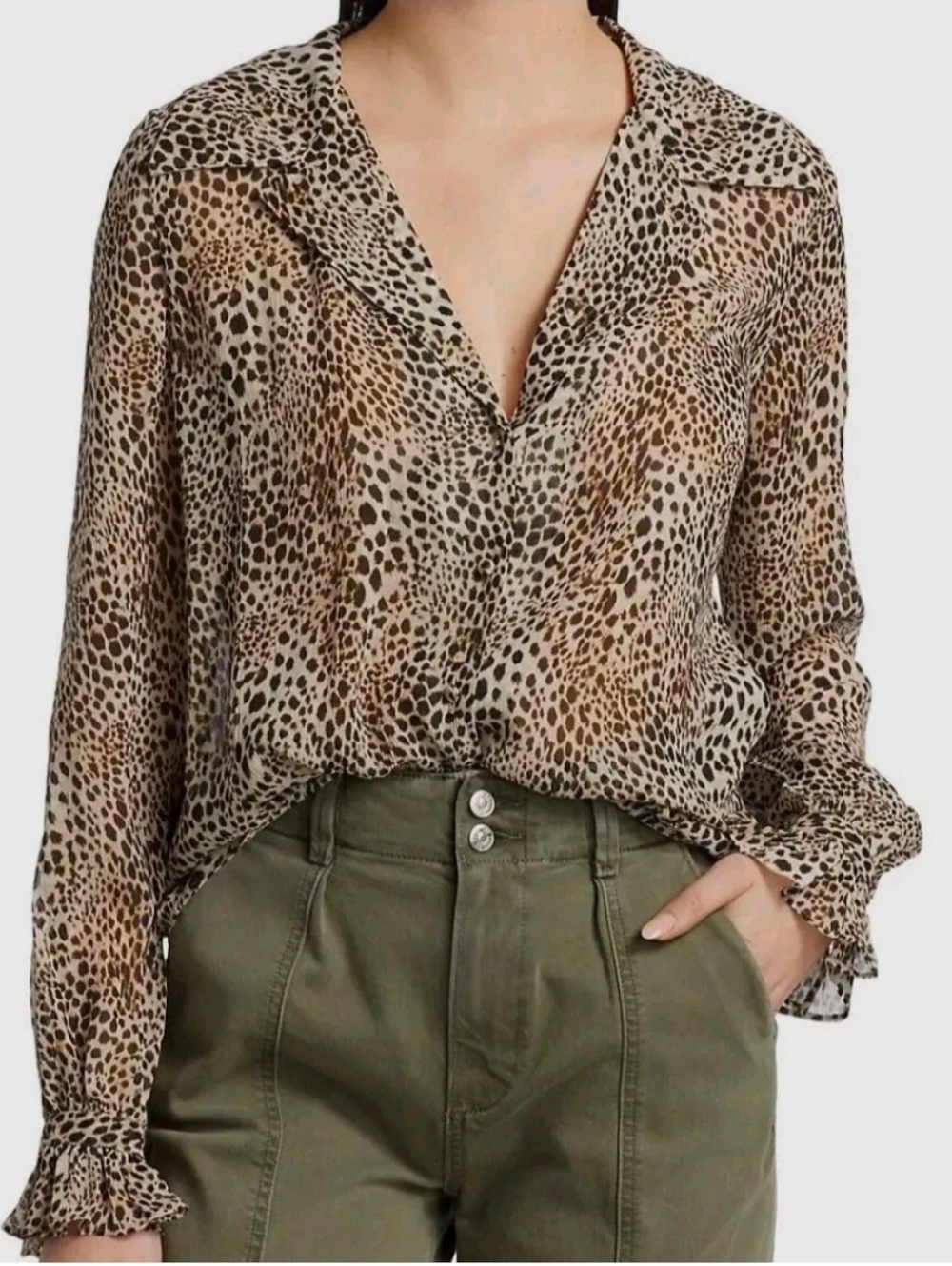 Paige Women's Ellyn Silk Blouse Taupe Multi Animal Printed Button Up Shirt Sz S?